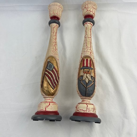 1998 Whispering Pines Lori Miller Pillar Candle Holders American Patriot Carved - Picture 11 of 11